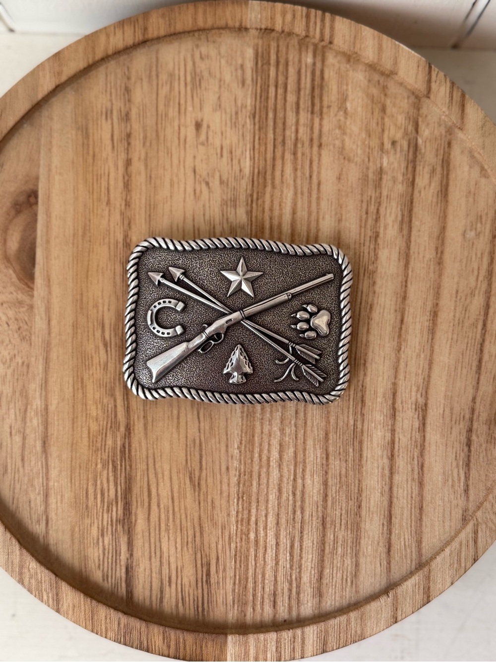 Western Belt Buckle Silver Rope Border Crossed Rifle Arrow Star Cowboy Core